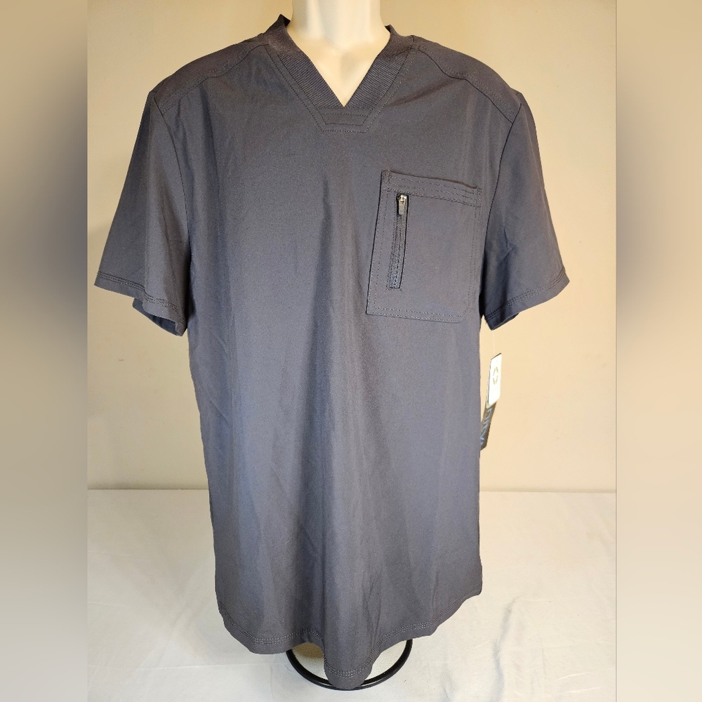 Cherokee Men's Short Sleeve Scrub V-Neck Top with‎ Zip Chest Pocket - Navy Blue